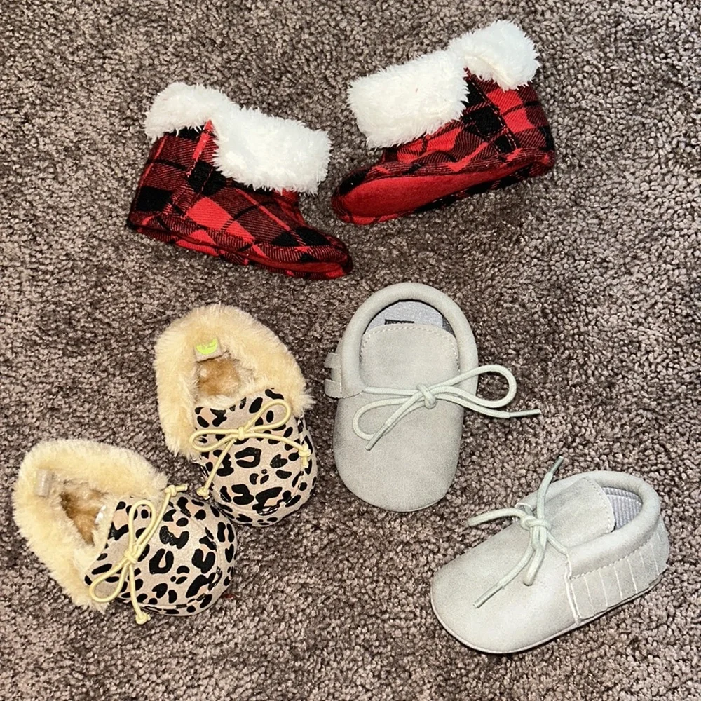 Babygirl 0/3m cheetah, gray & plaid faux fur soft sole booties shoe bundle